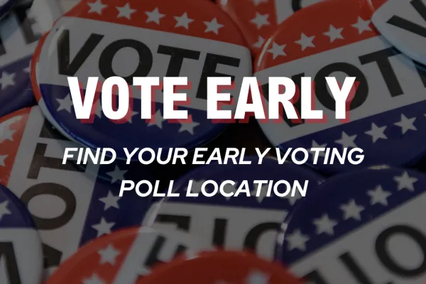 "Vote" pins with the text "vote early, find your early voting poll location" overlayed