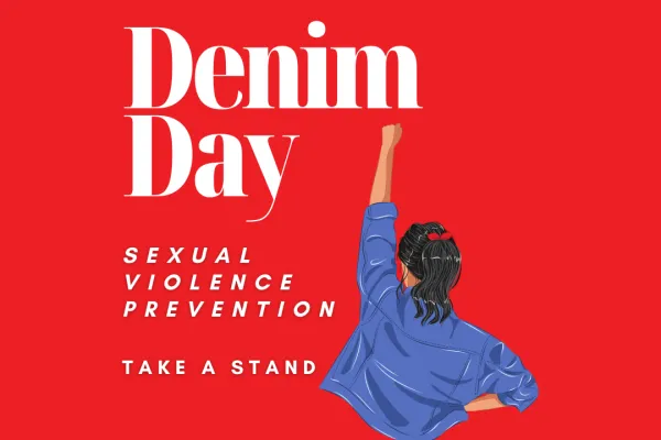 Denim day on red background with graphic of woman in a denim jacket