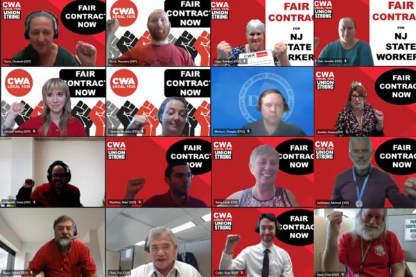 Members on Zoom in red with their fists up
