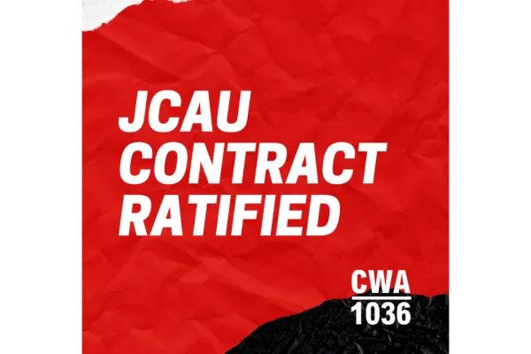 JCAU Contract Ratified overlayed on red background 