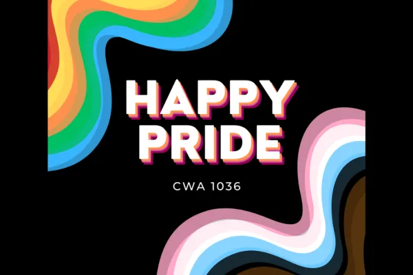 Happy Pride on black background with pride rainbows in the corners