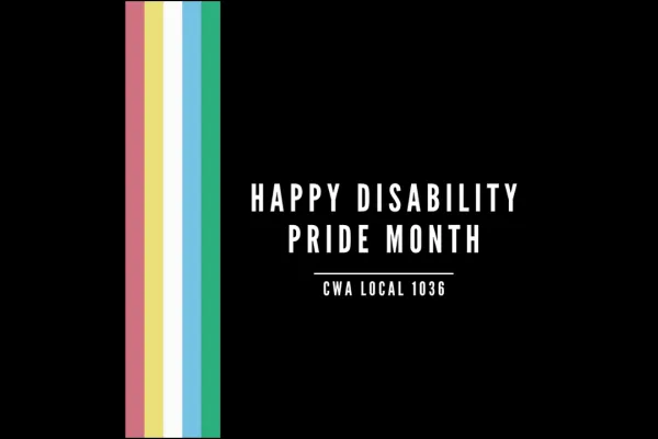 disability pride flag overlaid on black background with text reading "Happy Disability Pride Month"