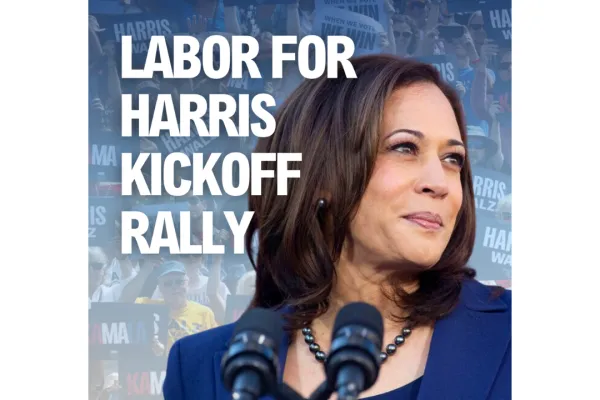 Kamala Harris overlayed on blue background with text "Labor for Harris Kickoff Rally" on top