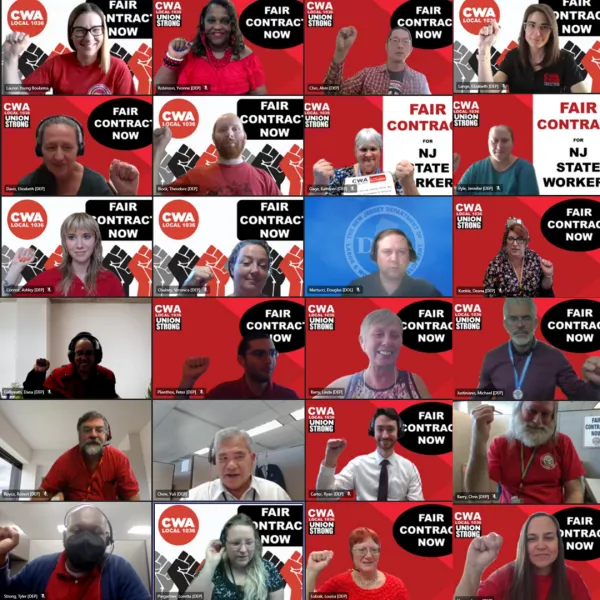 Members on Zoom in red with their fists up