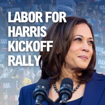 Kamala Harris overlayed on blue background with text "Labor for Harris Kickoff Rally" on top